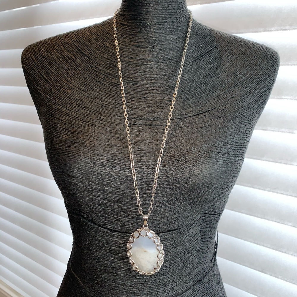 Large Stone Silver Long Medallion Necklace